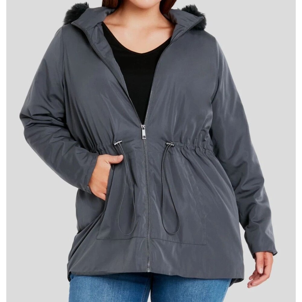 AVENUE Women's Plus Size Soft Faux Fur Lightweight Coat Hooded Jacket Grey 18